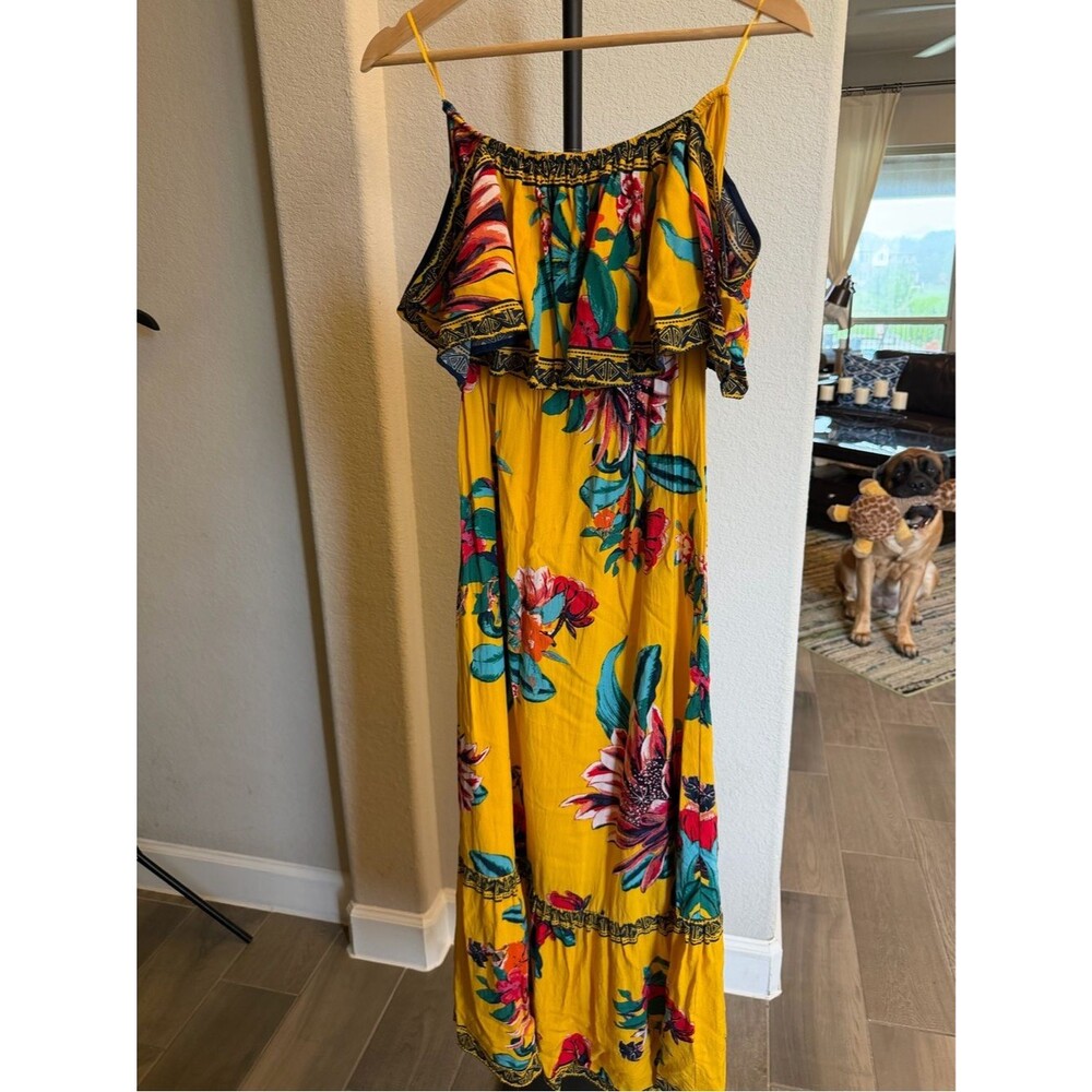 Flying Tomato Yellow Tropical Summer Floral Off-Shoulder Maxi Dress S